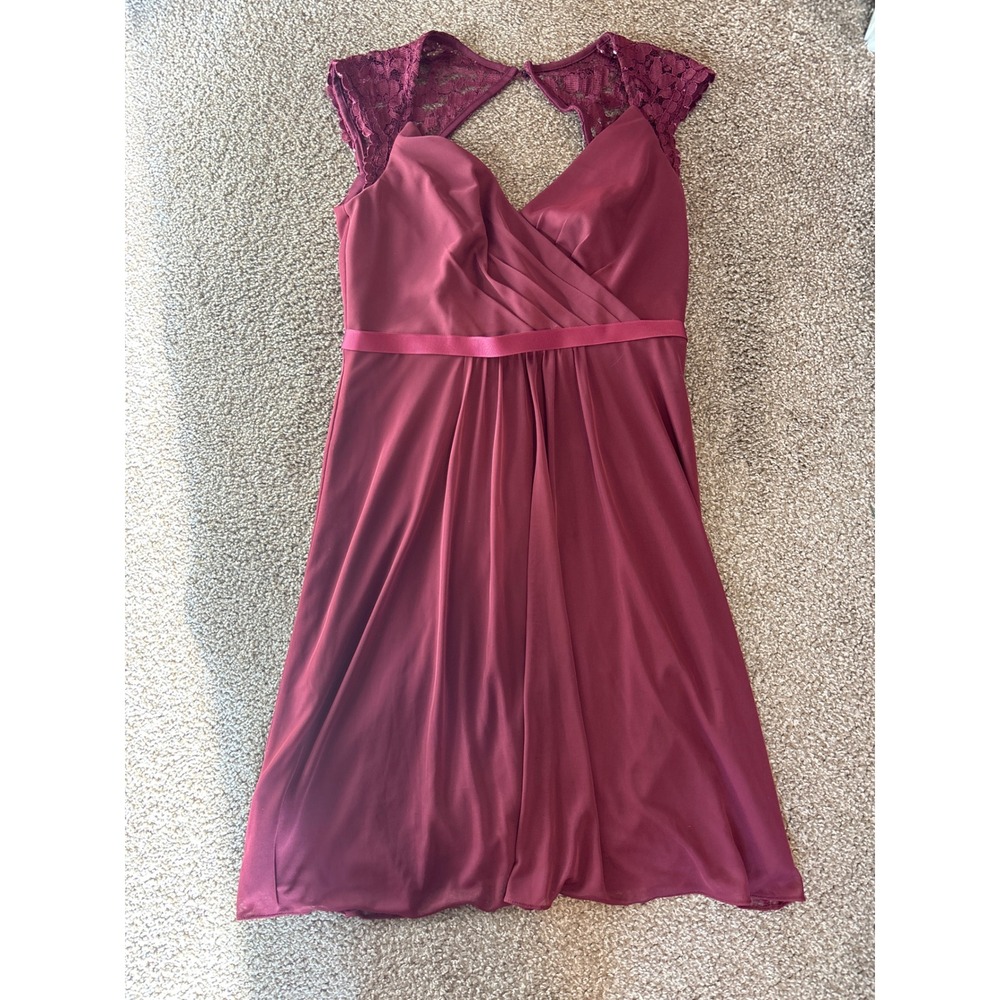 David's Bridal Cocktail Dress 6 Burgundy Excellent Lace Cap Sleeve Pleated